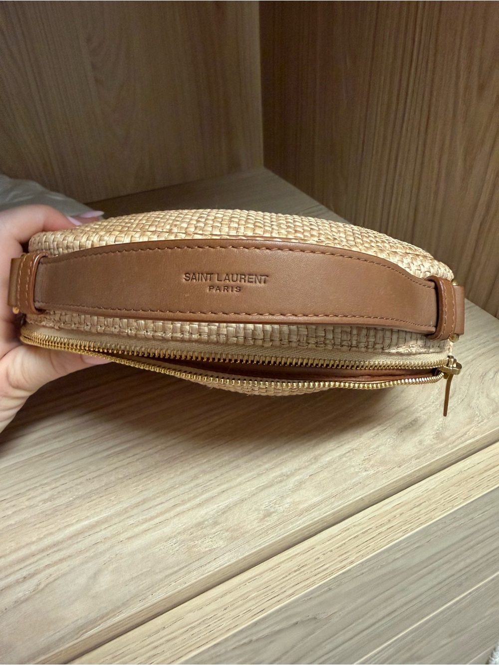 Yves Saint Laurent Cassandre Raffia Oval Bag with Leather Trim - Picture 7 of 8